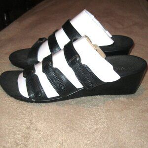 Vionic Dwyn Black Snake Patent Leather Wedge Adjustable 3 Strap Sandals Size 8